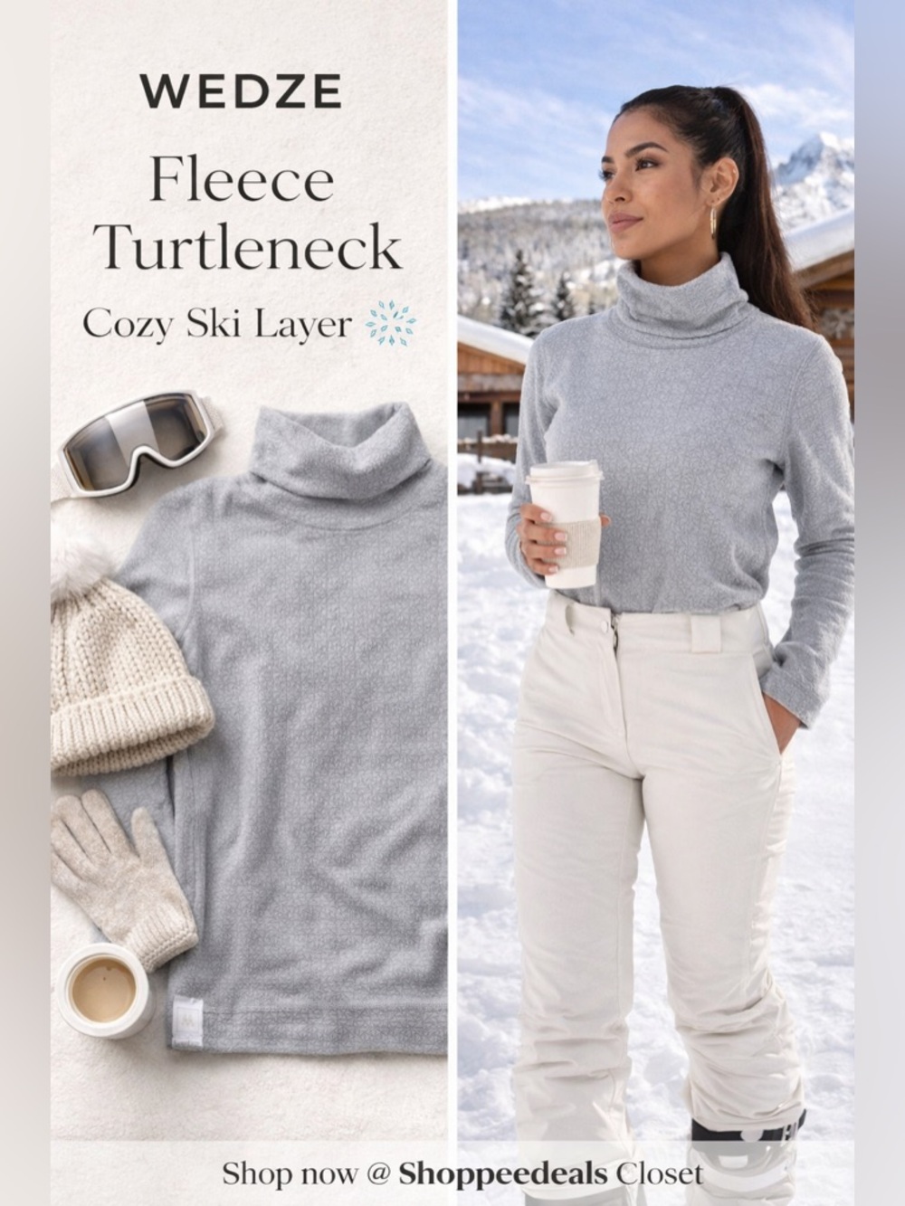 Wedze Gray Fleece Turtleneck Top | Athleisure Ski Base Layer
